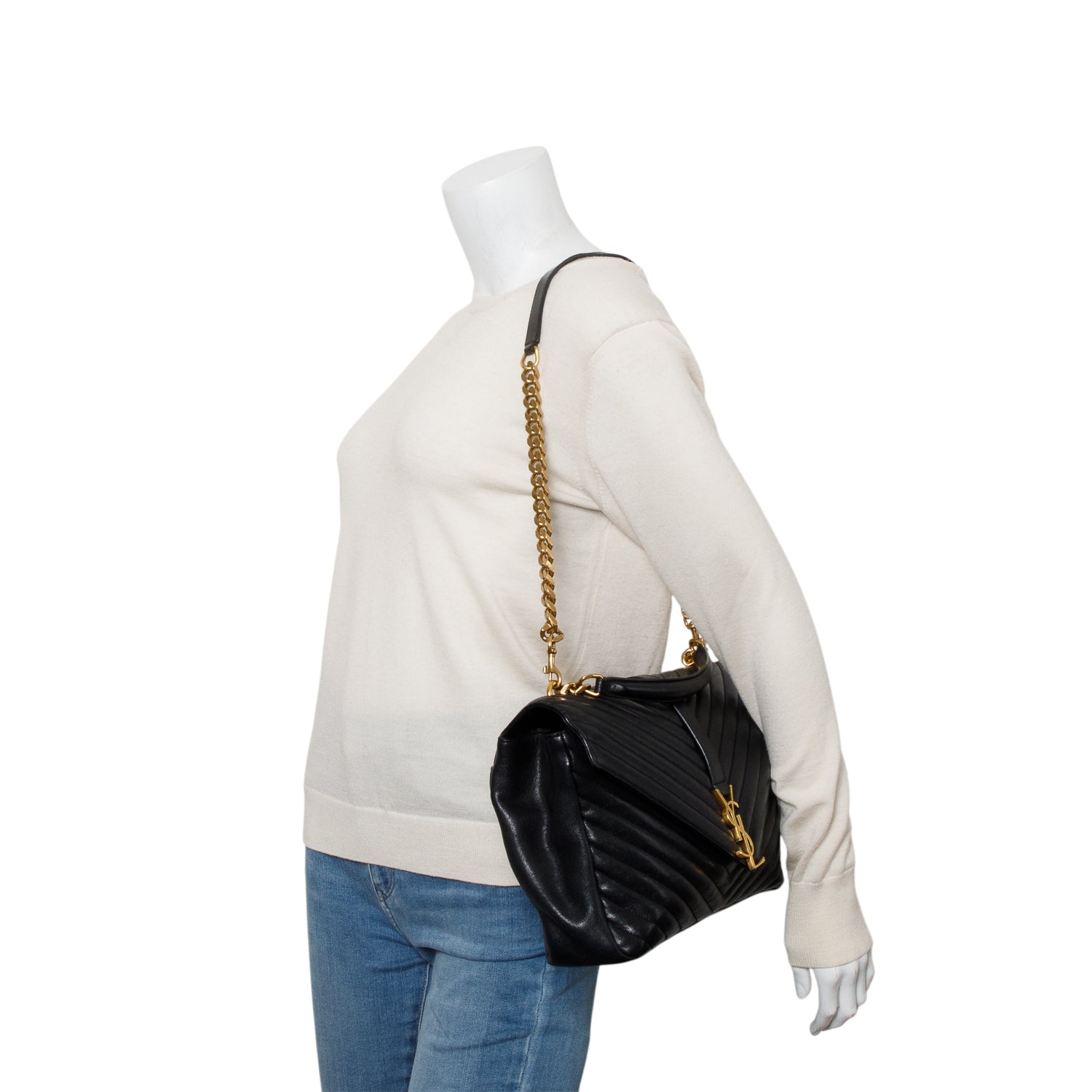 YSL Saint Laurent Chevron College Bag Leather Black Travel Bag Strap 67957