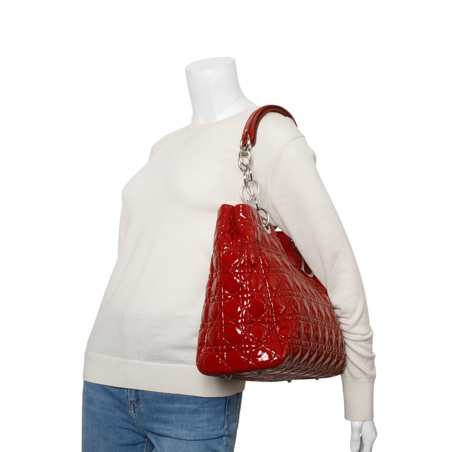 Dior Christian Patent Cannage Soft Shopping Tote Handbag Leather Red Tote Bag