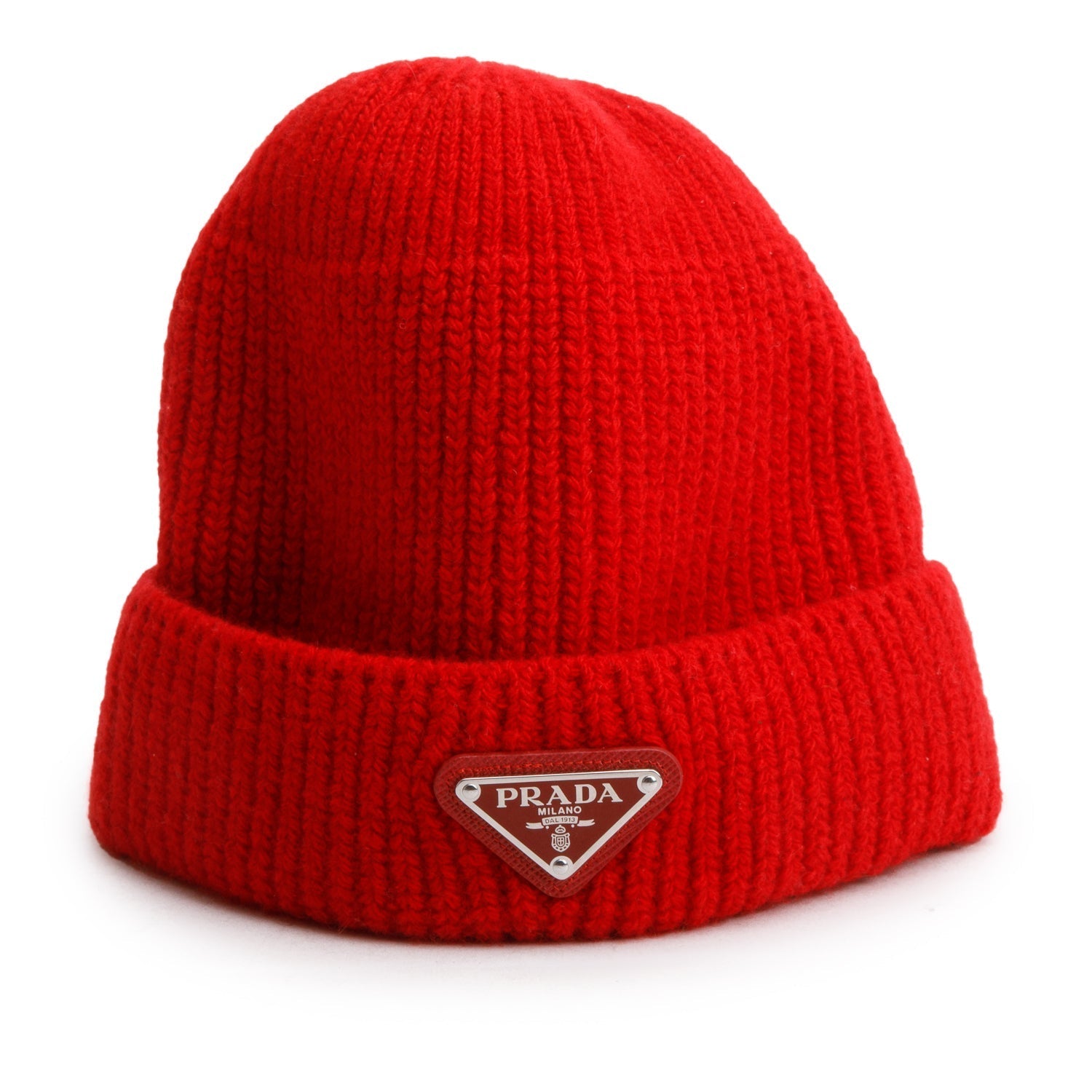 Prada Wool Cashmere Metal Triangle Beanie, Size M Red Logo Travel Bag