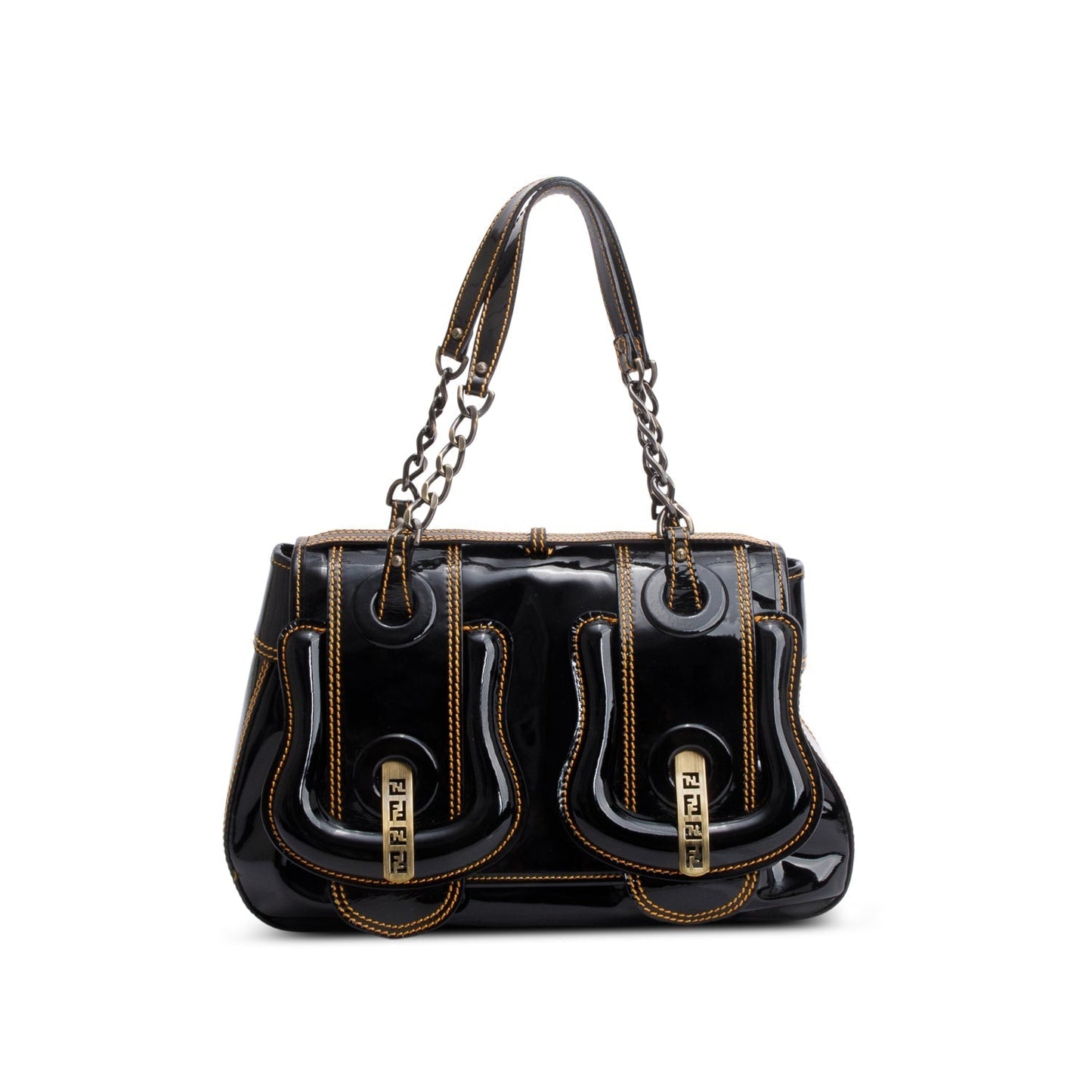 Fendi Patent Shoulder Bag Leather Black