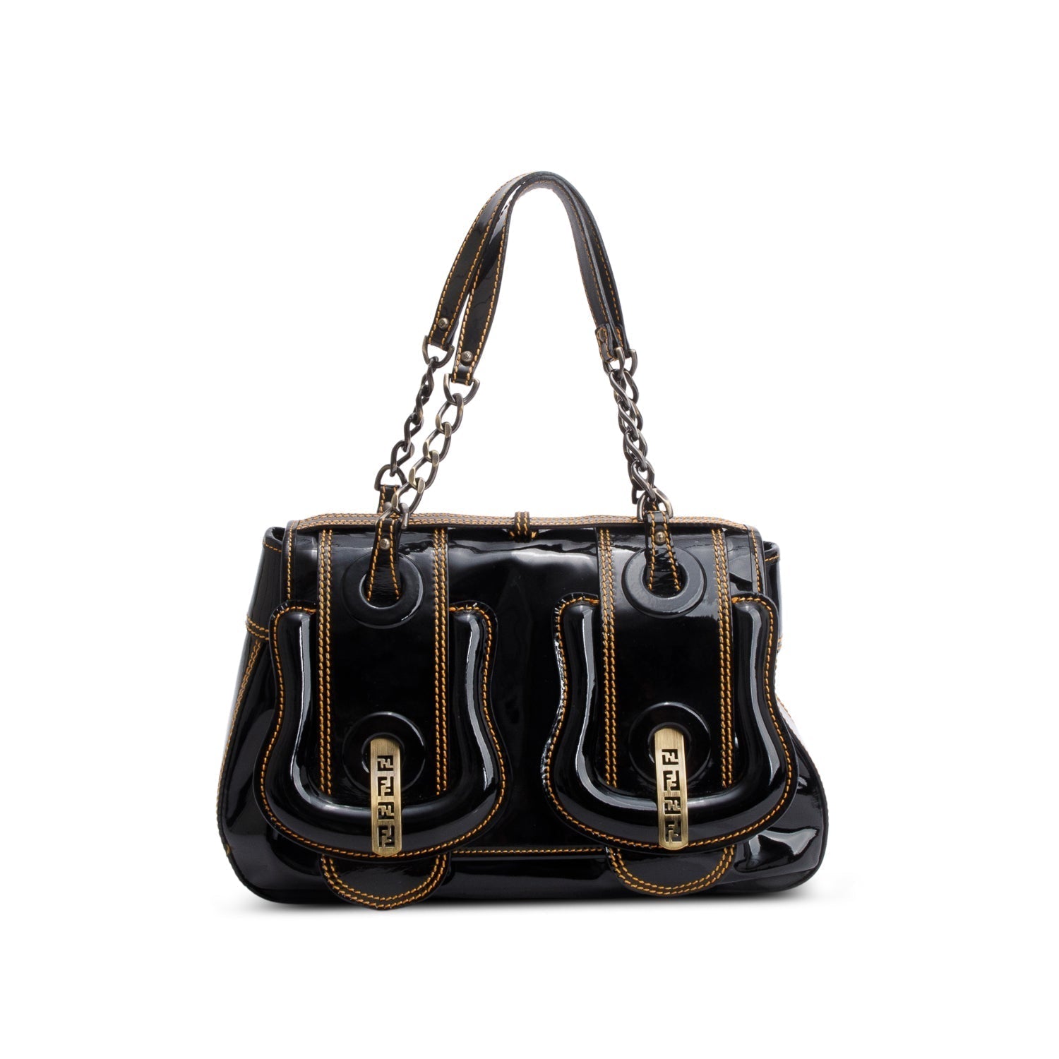 Fendi Patent Shoulder Bag Leather Black