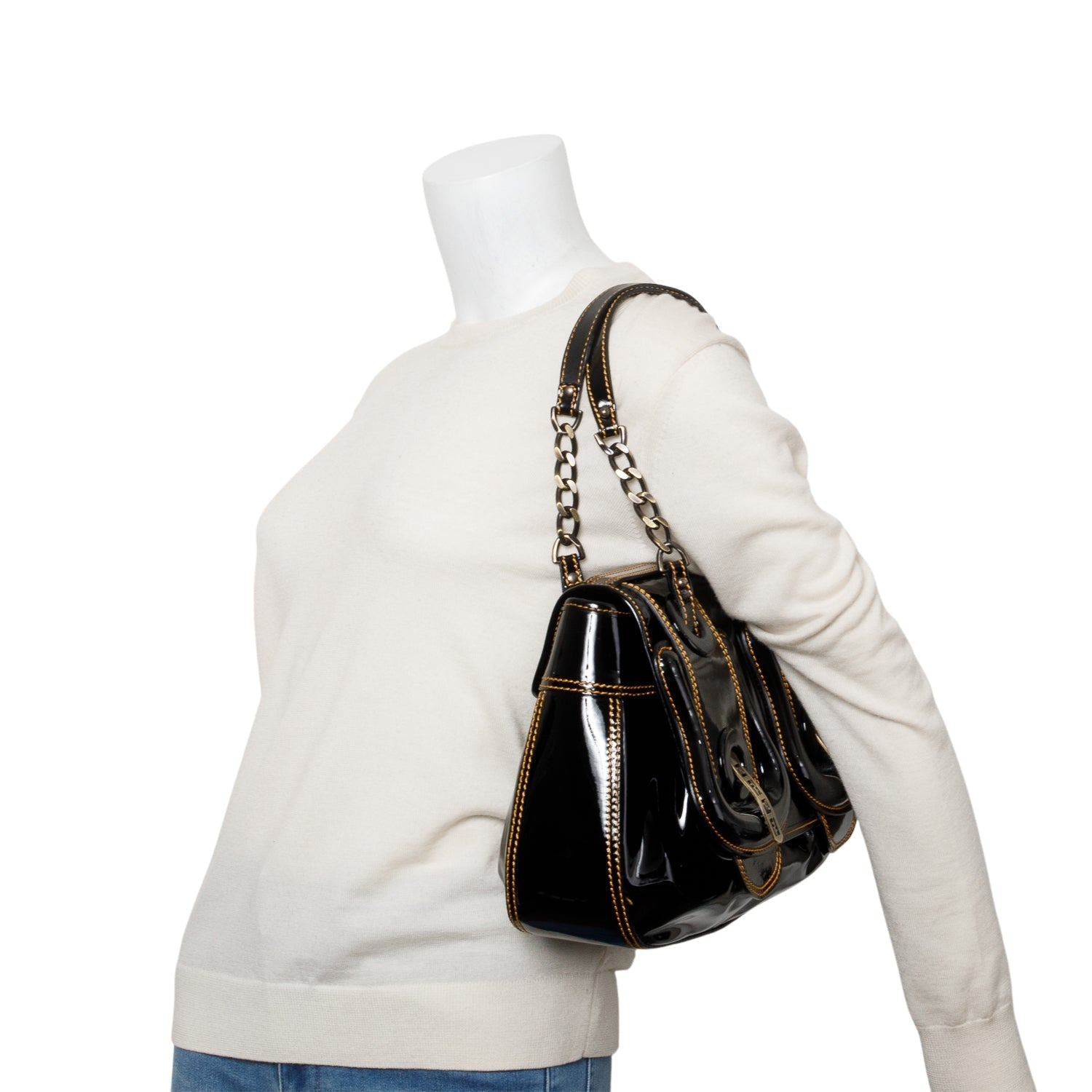 Fendi Patent Shoulder Bag Leather Black