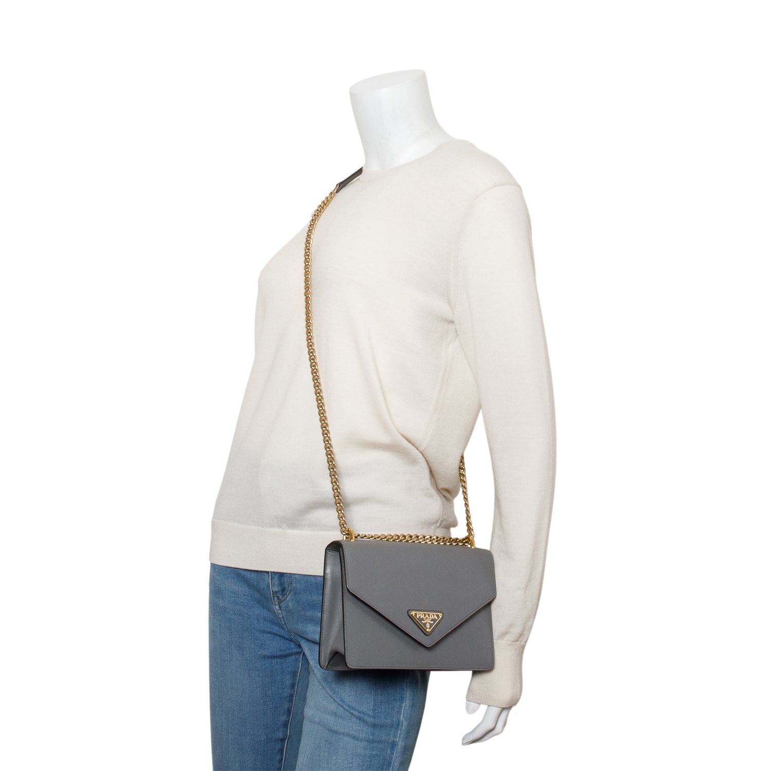 Prada Grey Saffiano Envelope Shoulder Bag Leather
