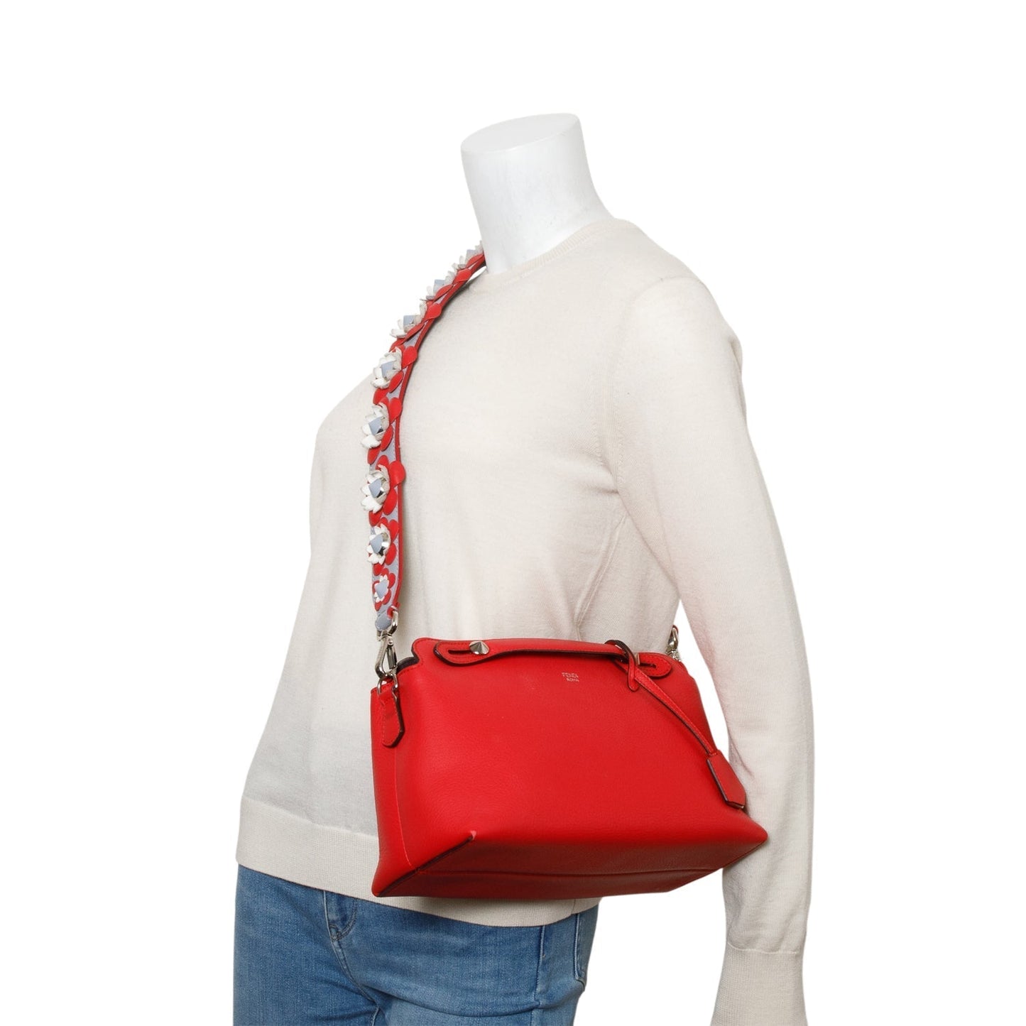 Fendi Vitello Dolce By The Way Flower Boston Red Medium Travel Bag