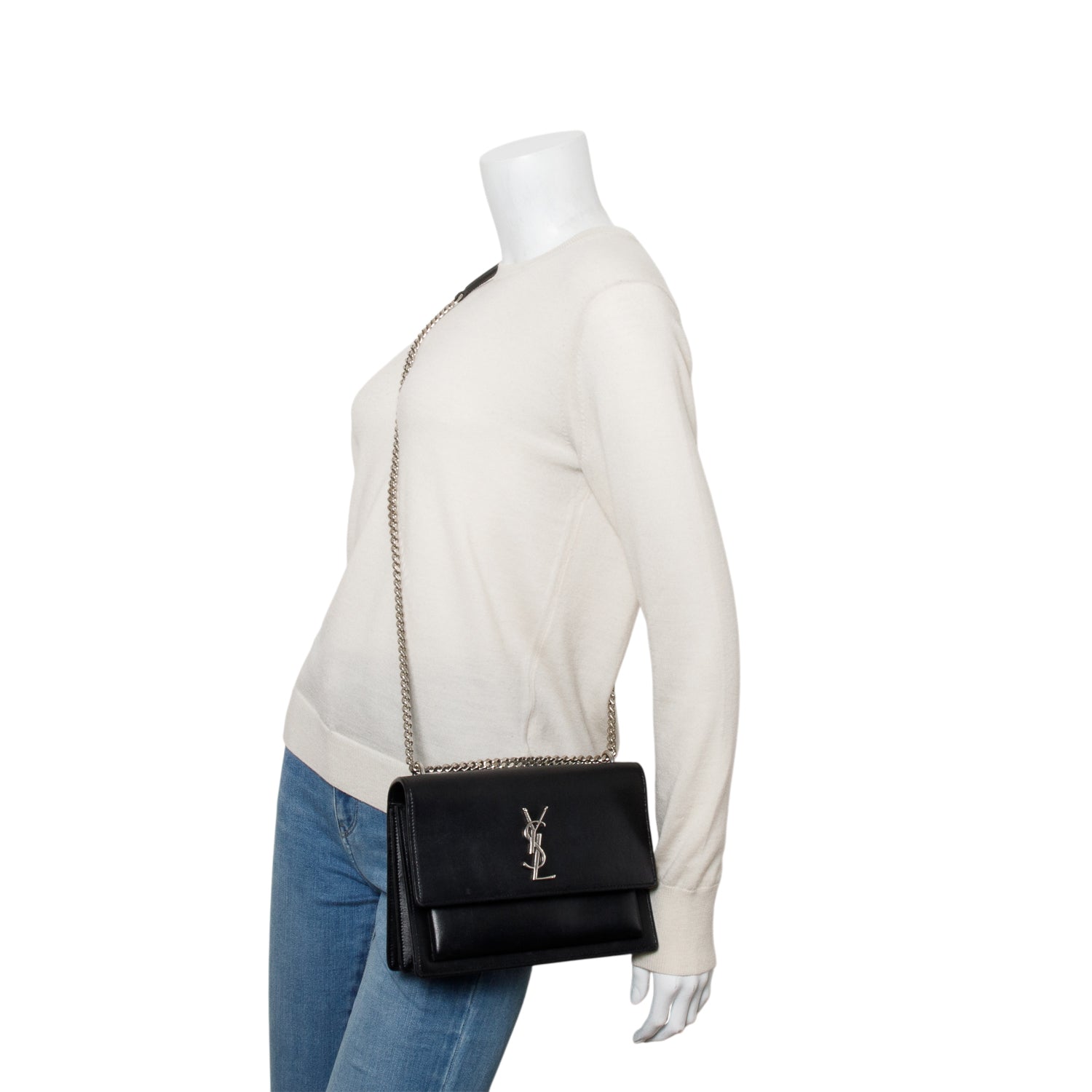 YSL Saint Laurent Calfskin Sunset Shoulder Bag Leather Black Receipt 68307