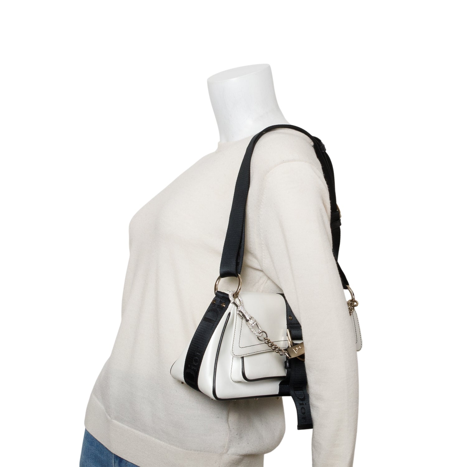 Dior Christian Crystal Embellished Hardcore Shoulder Bag Leather White