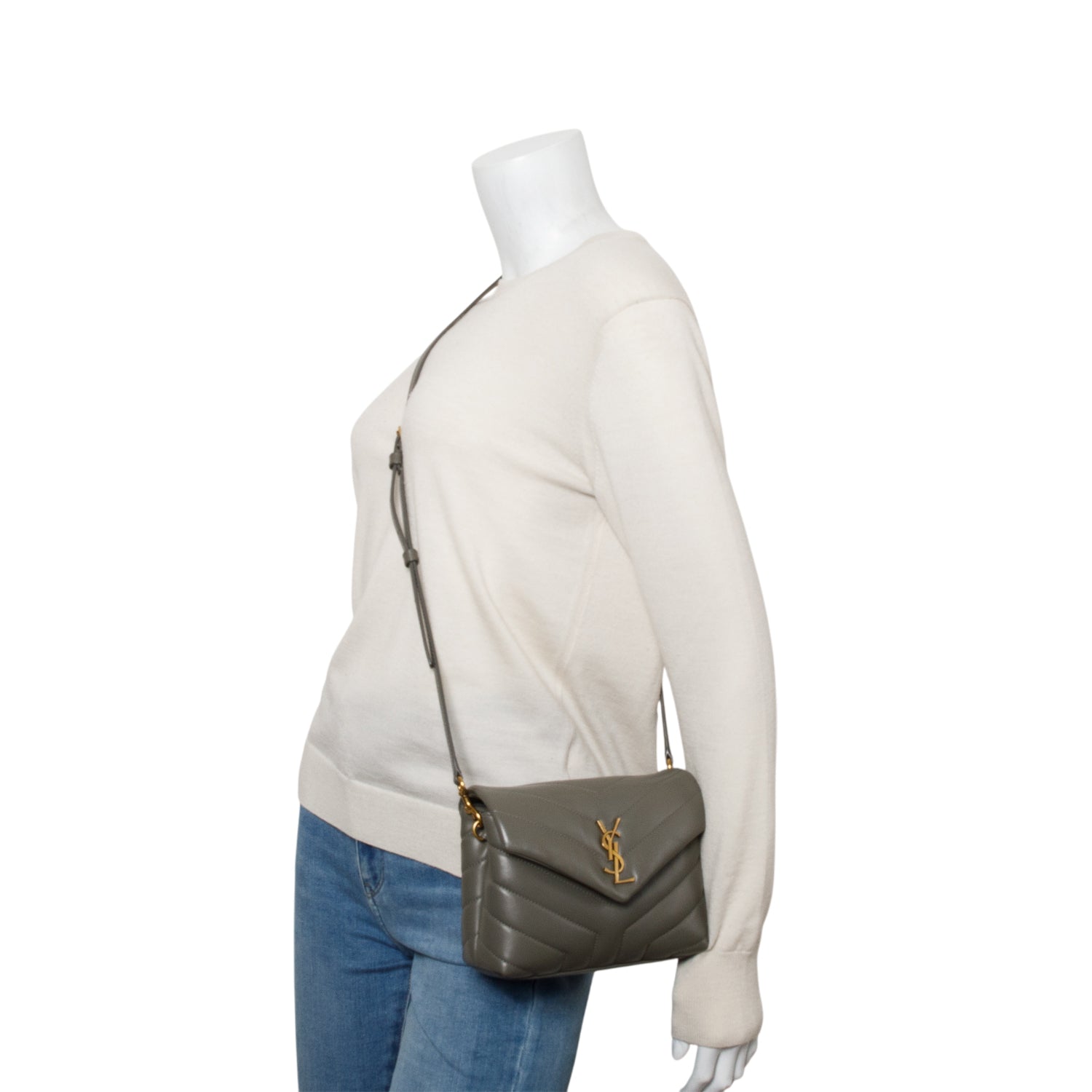 YSL Saint Laurent Grey Calfskin Toy Loulou Crossbody Bag Quilted Monogram