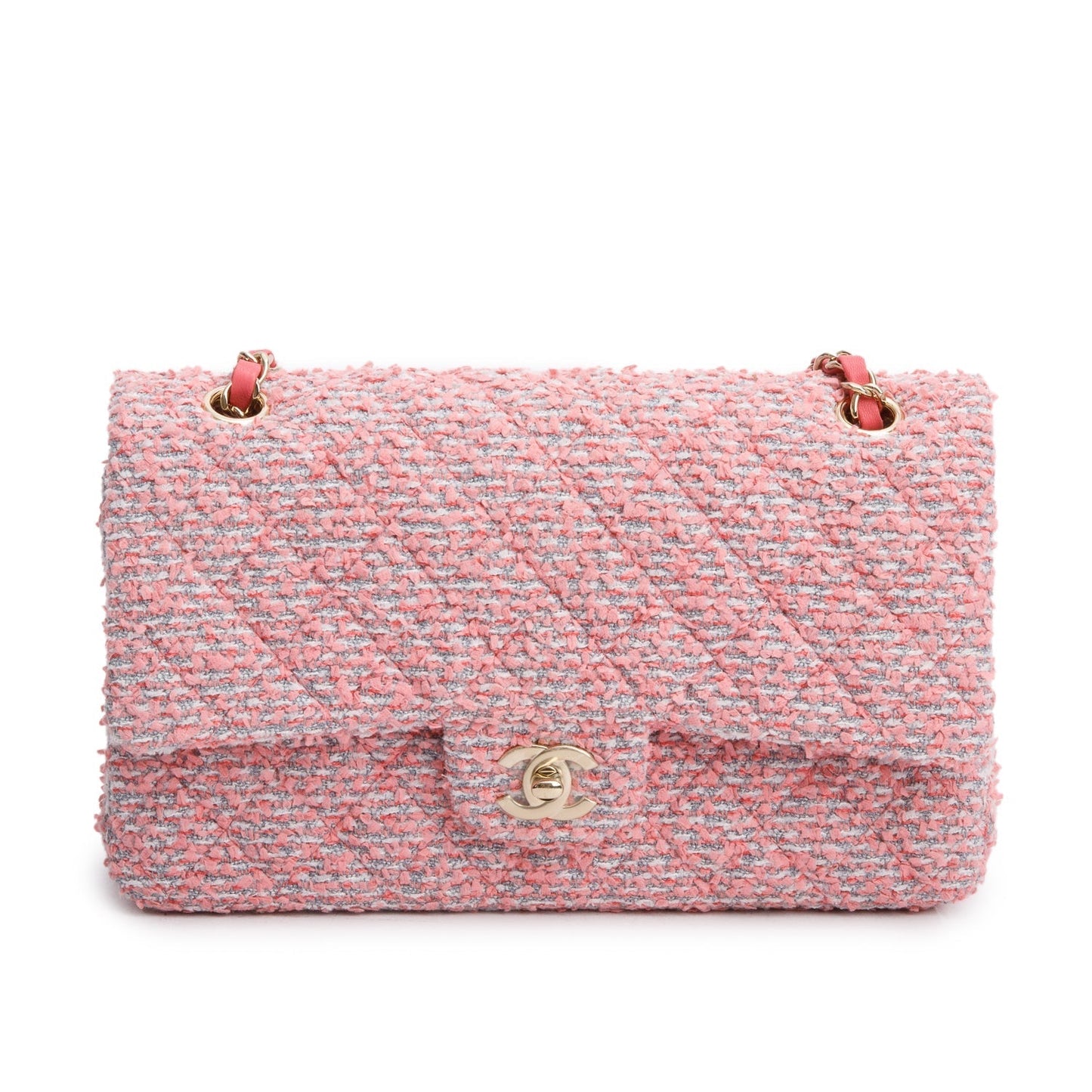 Chanel Tweed Quilted Double Flap Pink Travel Bag