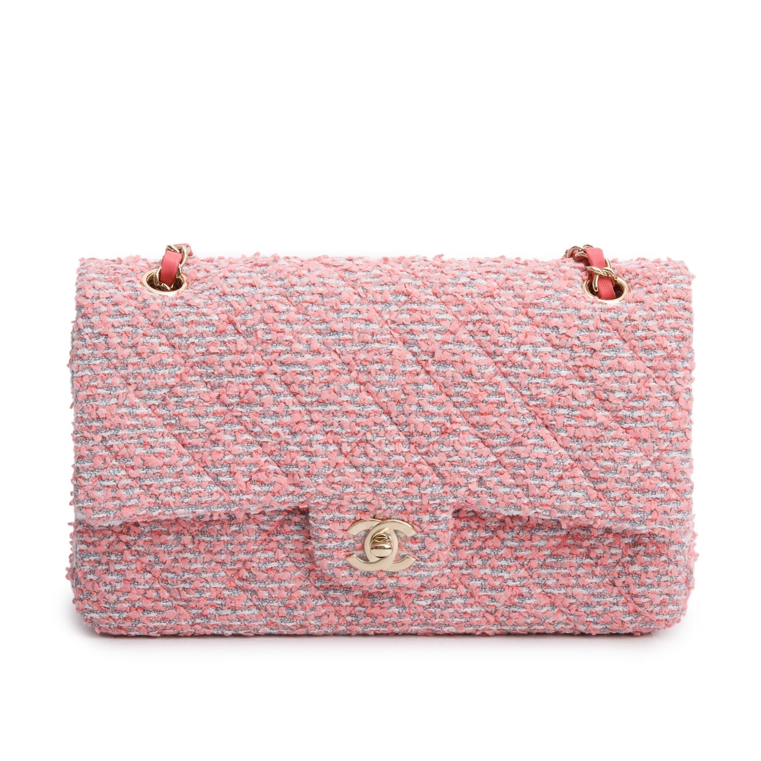 Chanel Tweed Quilted Double Flap Pink Travel Bag