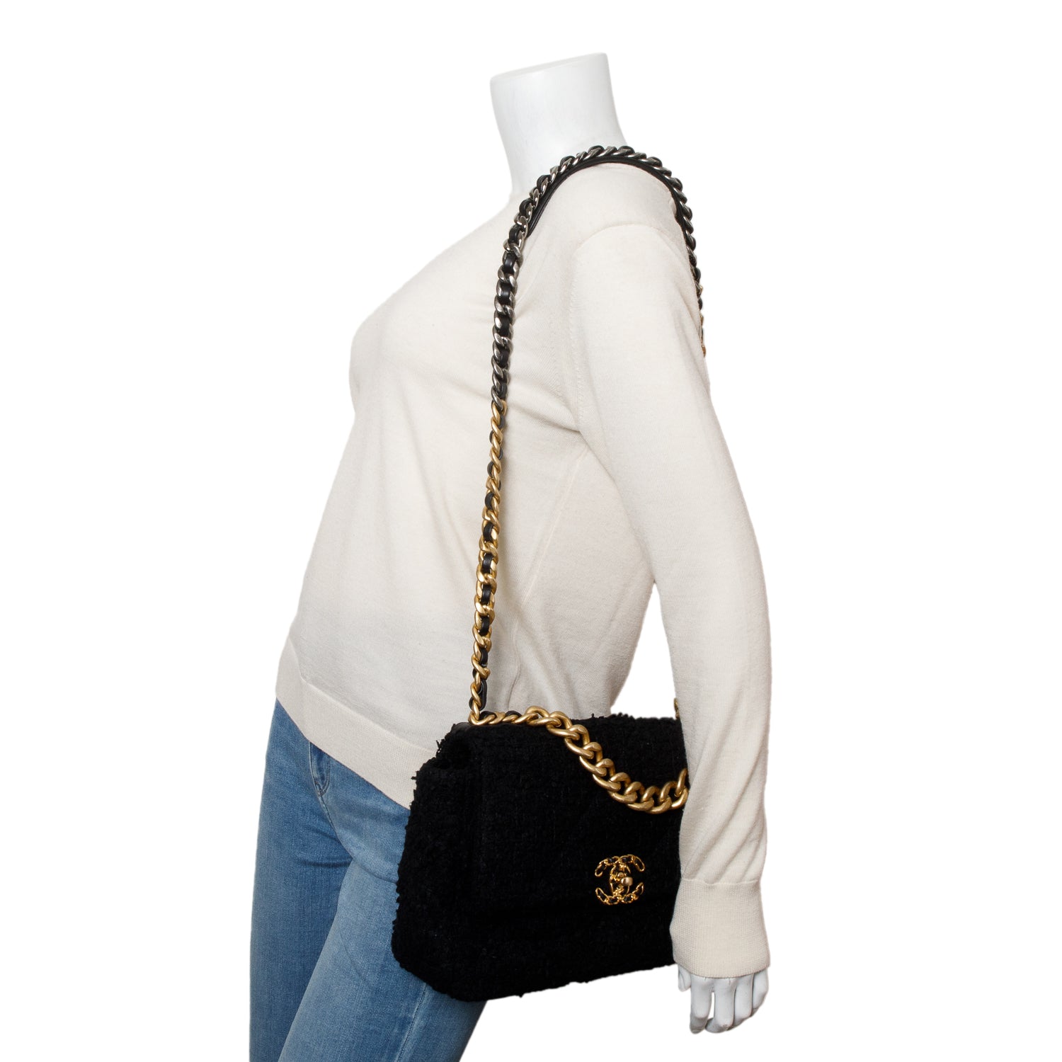 Chanel Tweed Quilted 19 Flap Black Travel Bag