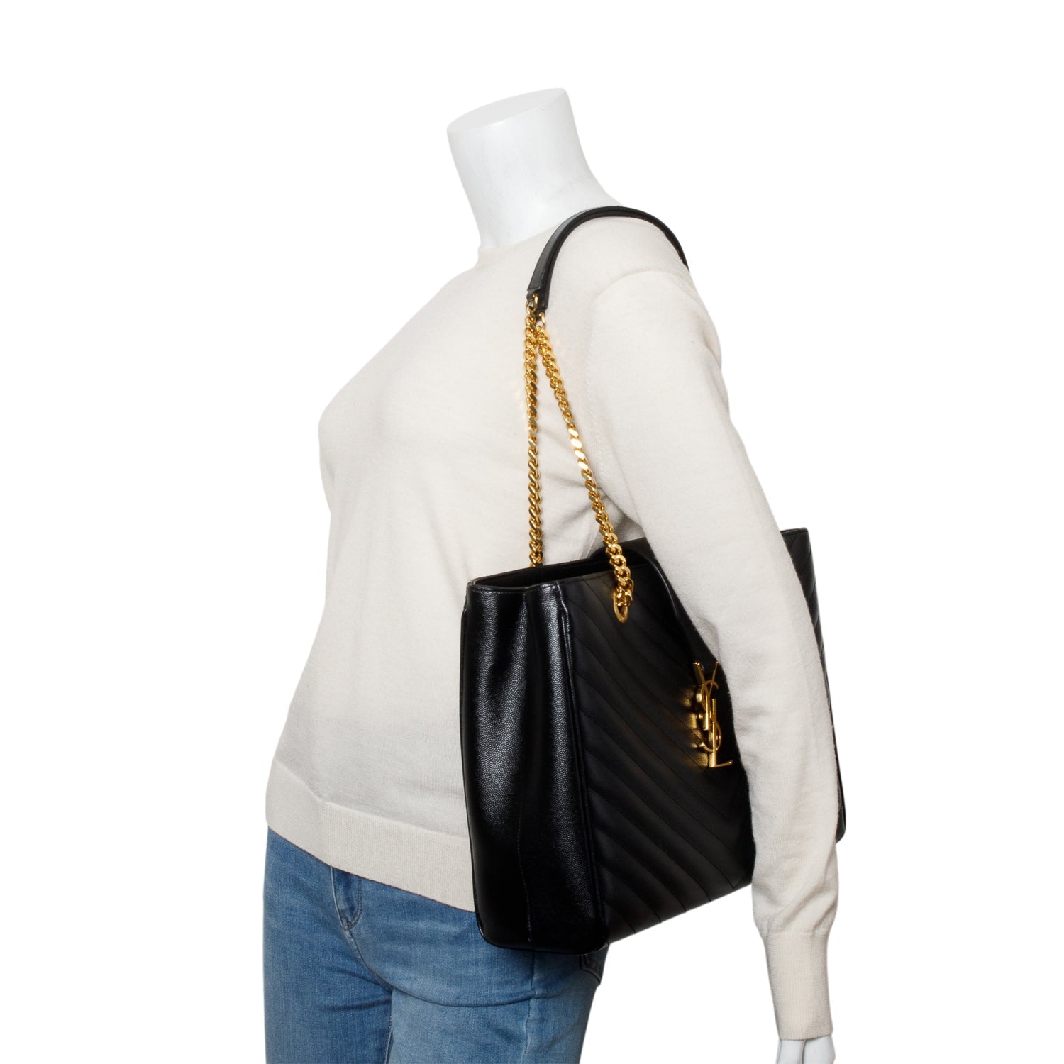 YSL Saint Laurent Grain De Poudre Chevron Shopping Bag Matelasse Monogram Tote Bag