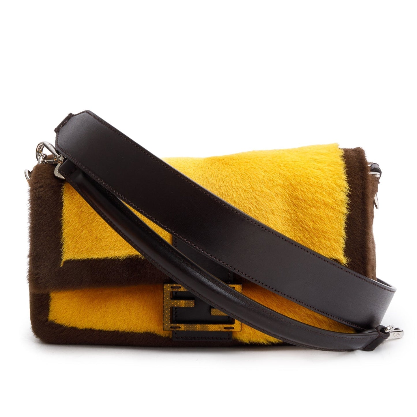Fendi Yellow Pony Hair Karung Baguette Brown Travel Bag