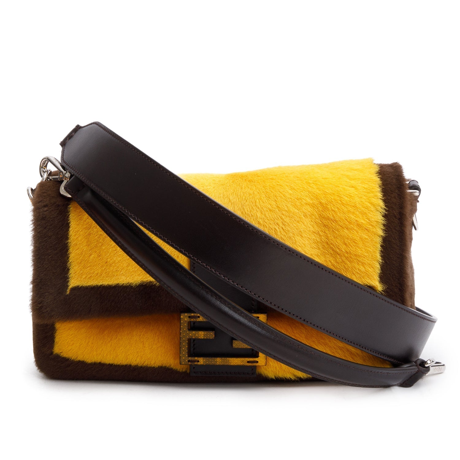 Fendi Yellow Pony Hair Karung Baguette Brown Travel Bag