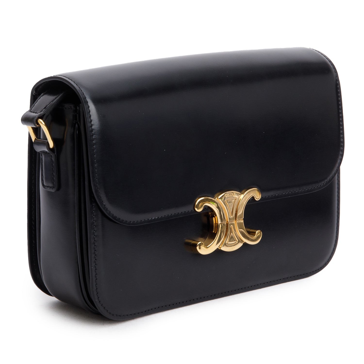 Celine Shiny Calfskin Triomphe Handbag Black Medium Travel Bag