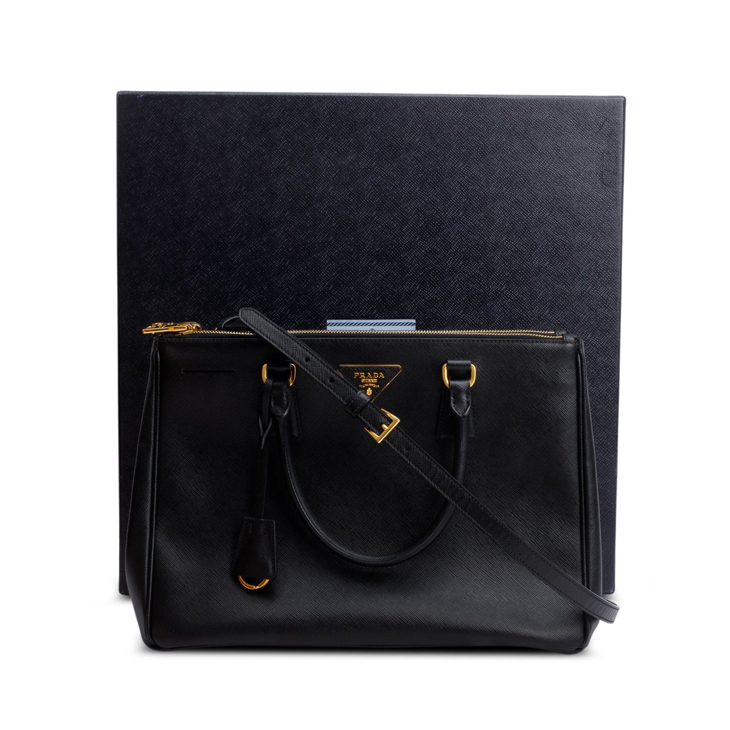 Prada Saffiano Lux Double Zip Galleria Tote Handbag Black Medium Tote Bag