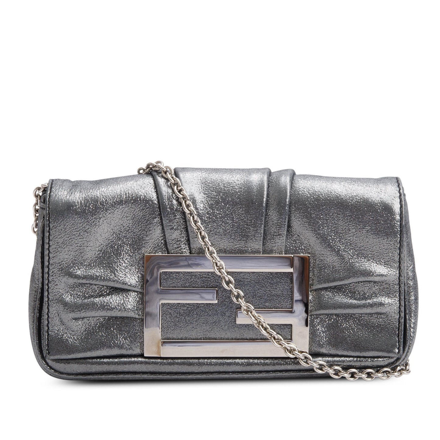 Fendi Metallic Calfskin Mia Pochette Bag Silver Chain Travel Bag