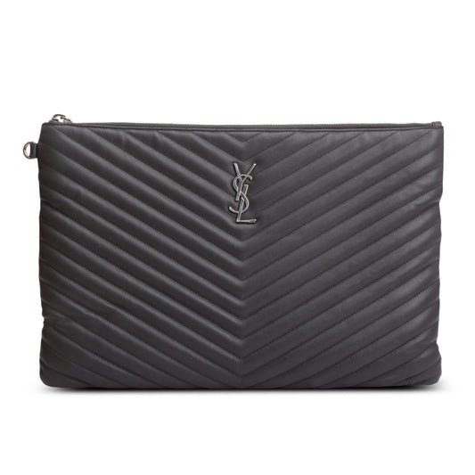 YSL Saint Laurent Grey Calfskin Casssandre Tablet Pouch Travel Bag Matelasse Monogram