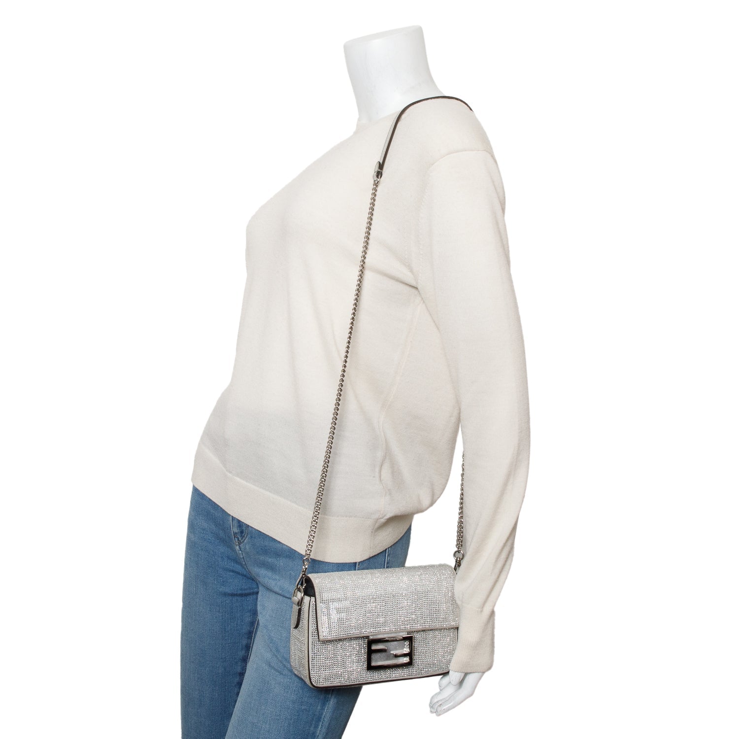 Fendi Ff Crystal Be Baguette Chain Crossbody Suede Silver Crossbody Bag