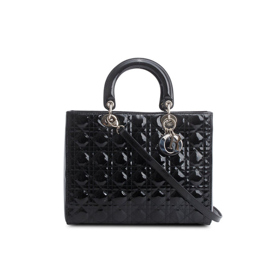 Dior Christian Cannage Patent Lady Handbag Leather Black Travel Bag