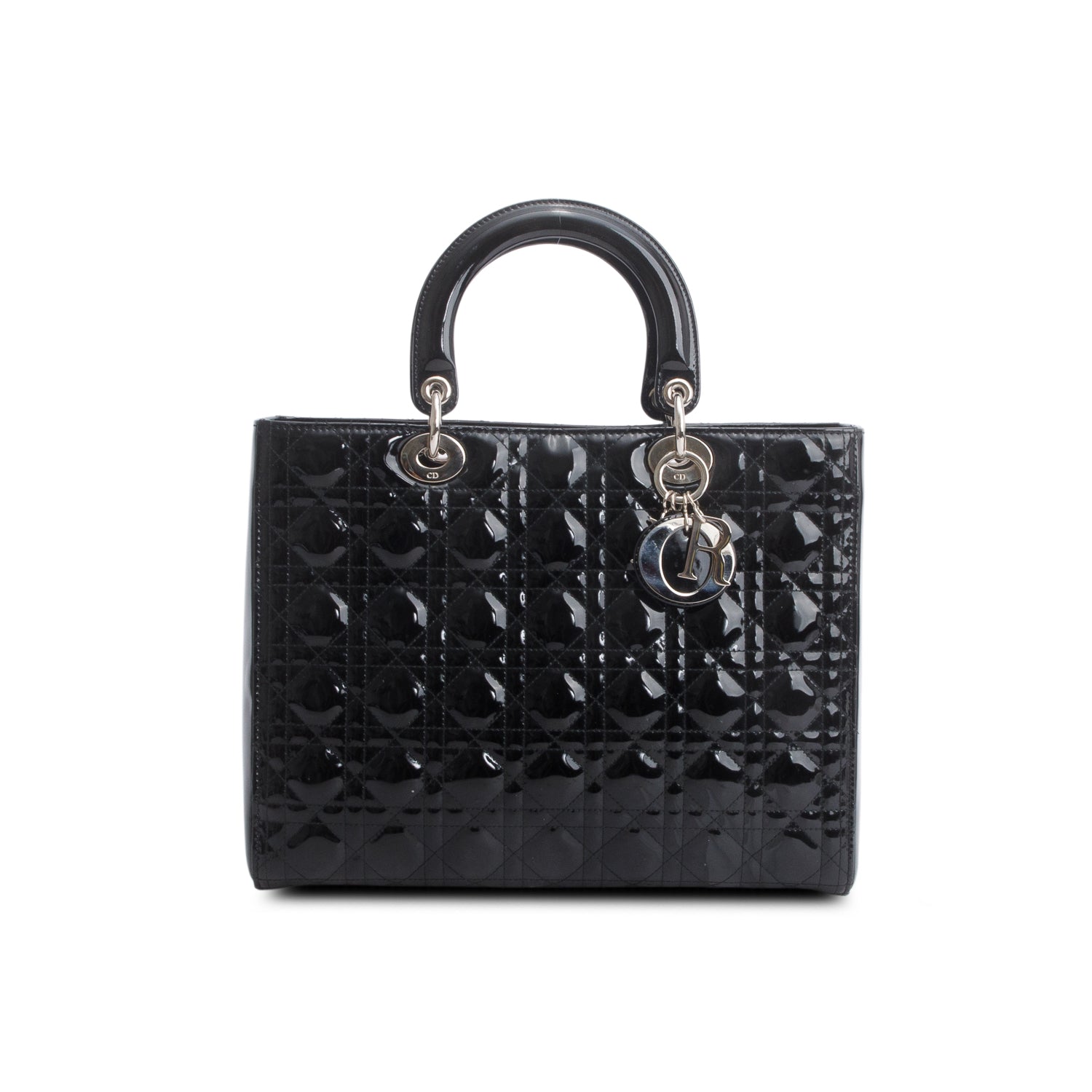 Dior Christian Cannage Patent Lady Handbag Leather Black Travel Bag