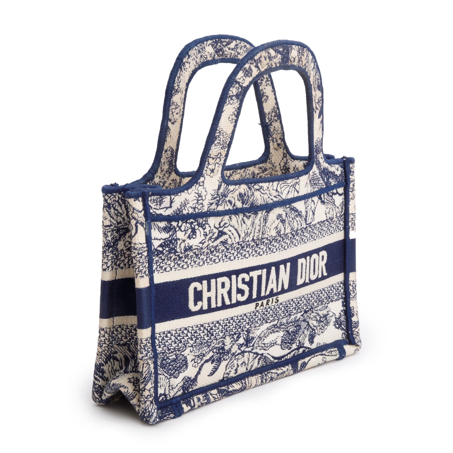 Dior Christian Embroidered Mini Toile De Jouy Book Canvas Blue Tote Bag