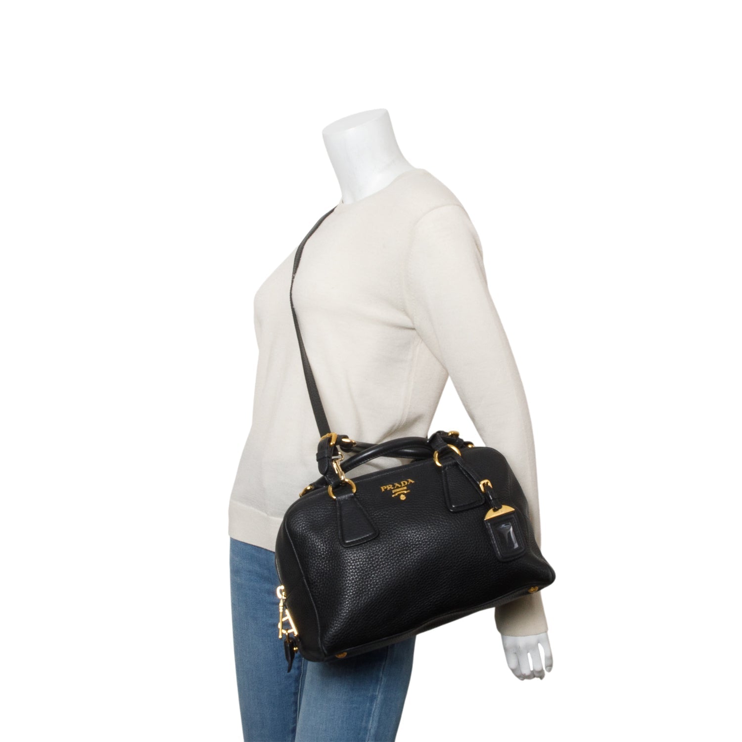 Prada Vitello Daino Convertible Bauletto Handbag Black Travel Bag