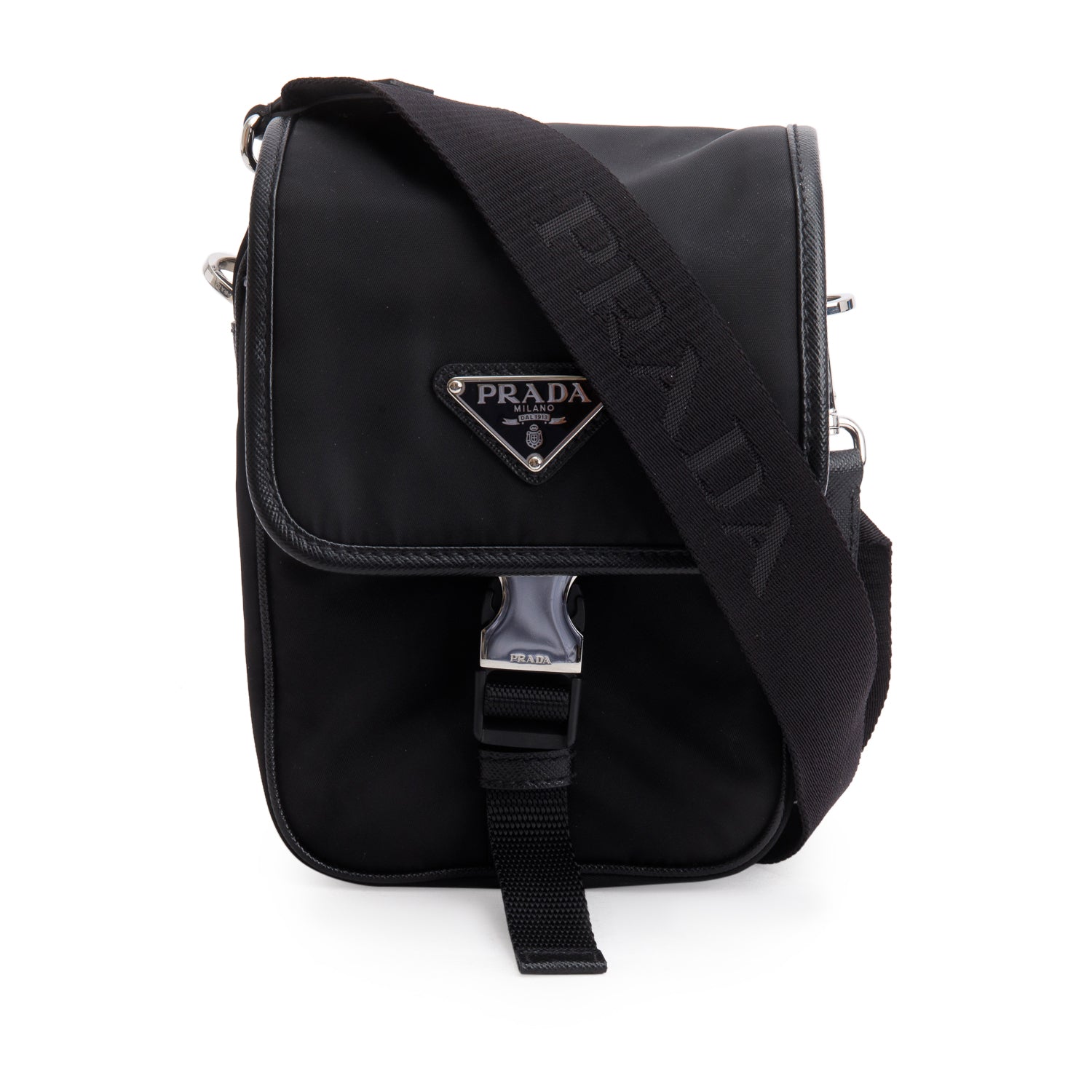 Prada Re Saffiano Pocket Single Snap Buckle Messenger Nylon Black Travel Bag