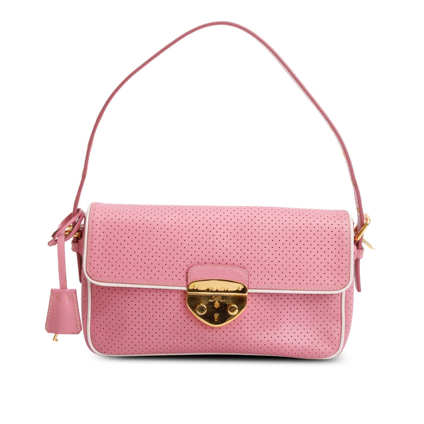Prada Perforated Saffiano Fori Baguette Bag Leather Pink Travel Bag