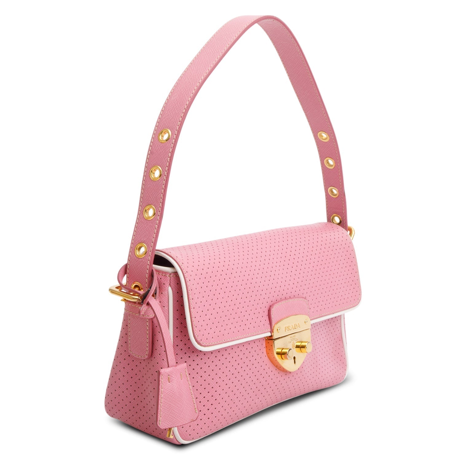 Prada Perforated Saffiano Fori Baguette Bag Leather Pink Travel Bag