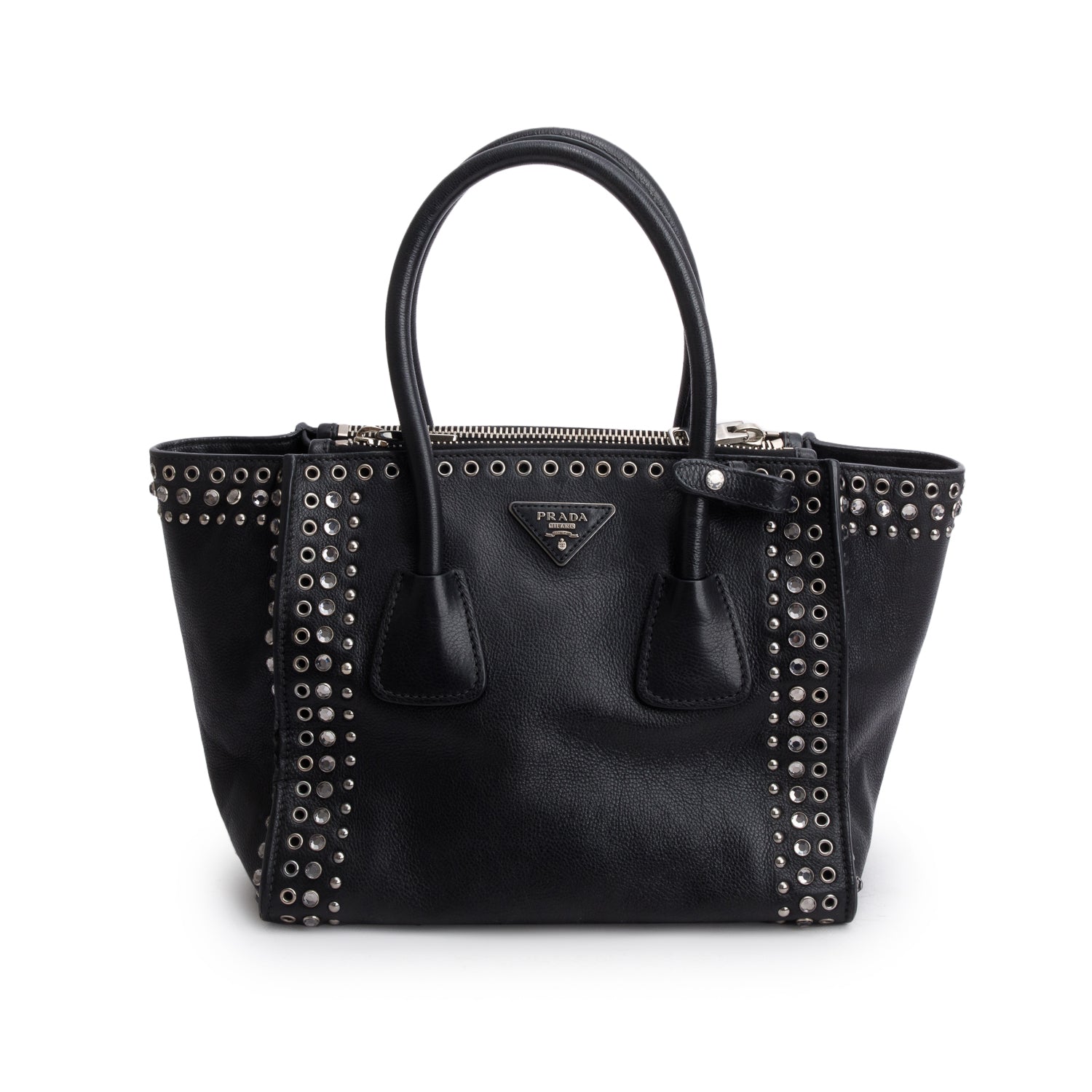 Prada Glace Calf Studded Twin Pocket Tote Handbag Black Tote Bag