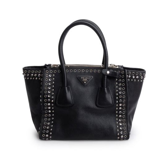 Prada Glace Calf Studded Twin Pocket Tote Handbag Black Tote Bag