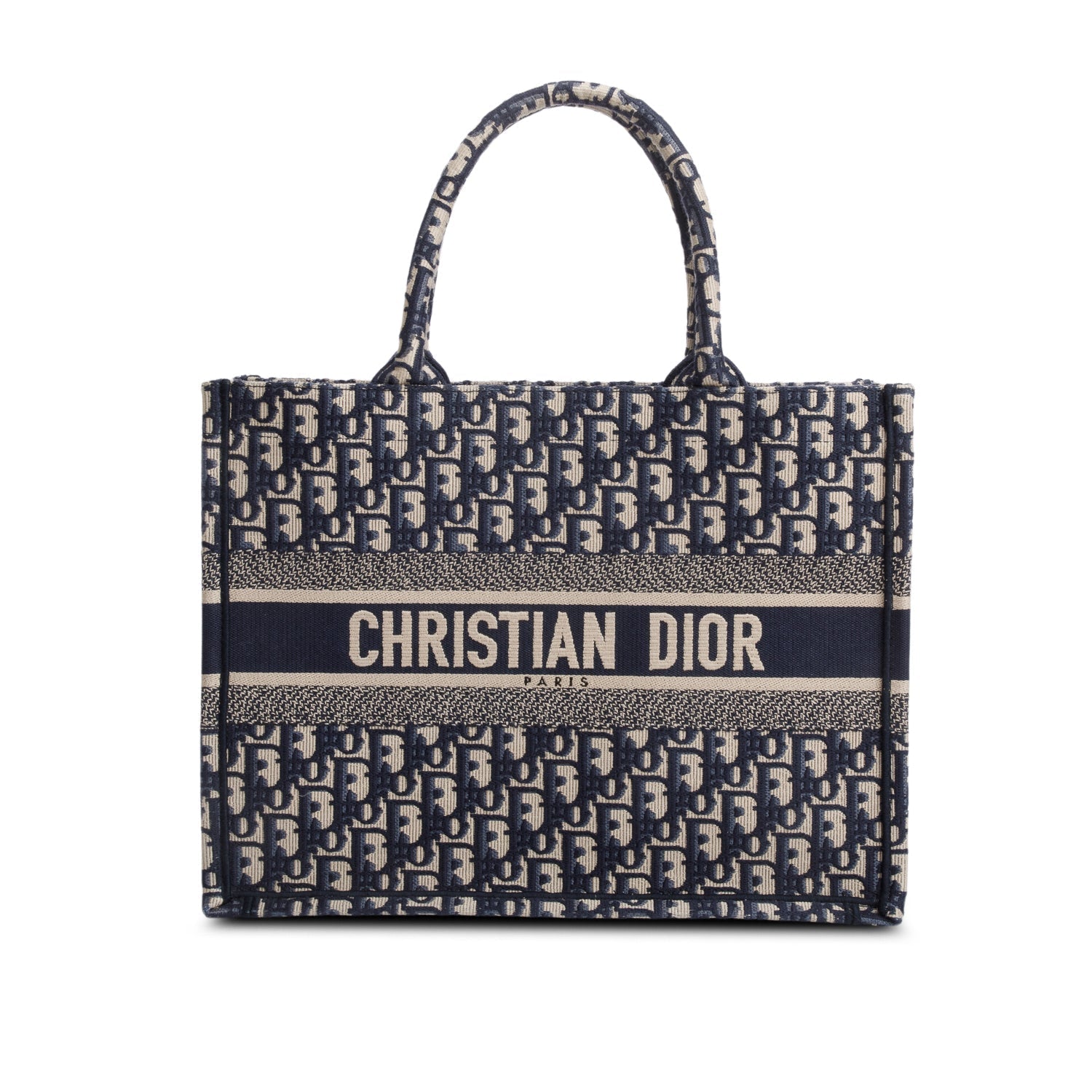 Dior Christian Ecru And Oblique Embroidery Book Tote Blue Medium Tote Bag
