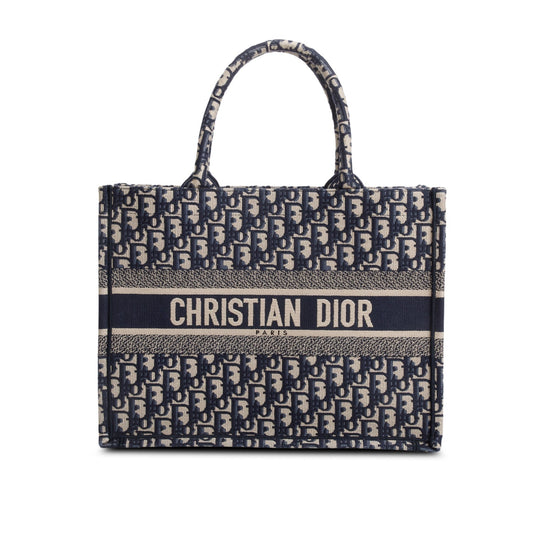 Dior Christian Ecru And Oblique Embroidery Book Tote Blue Medium Tote Bag