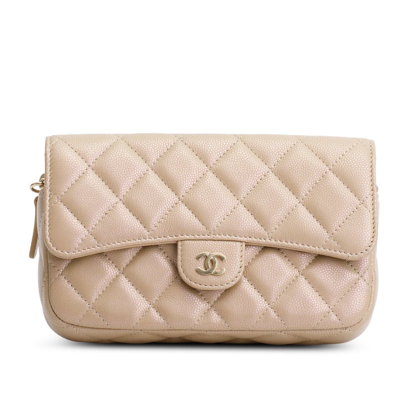 Chanel Iridescent Caviar Quilted Phone Holder Beige Wallet Case