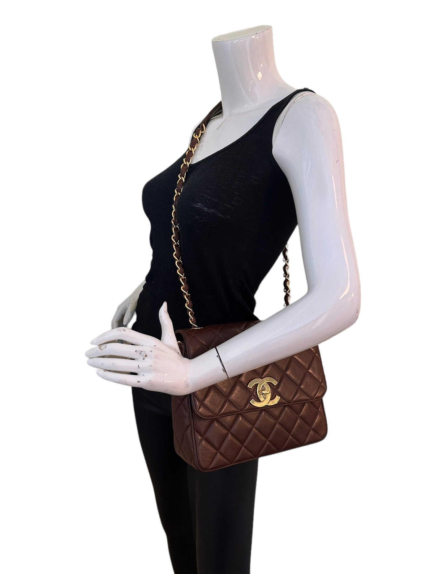 Chanel Brown Lambskin Leather CC Maxi Flap Messenger Bag