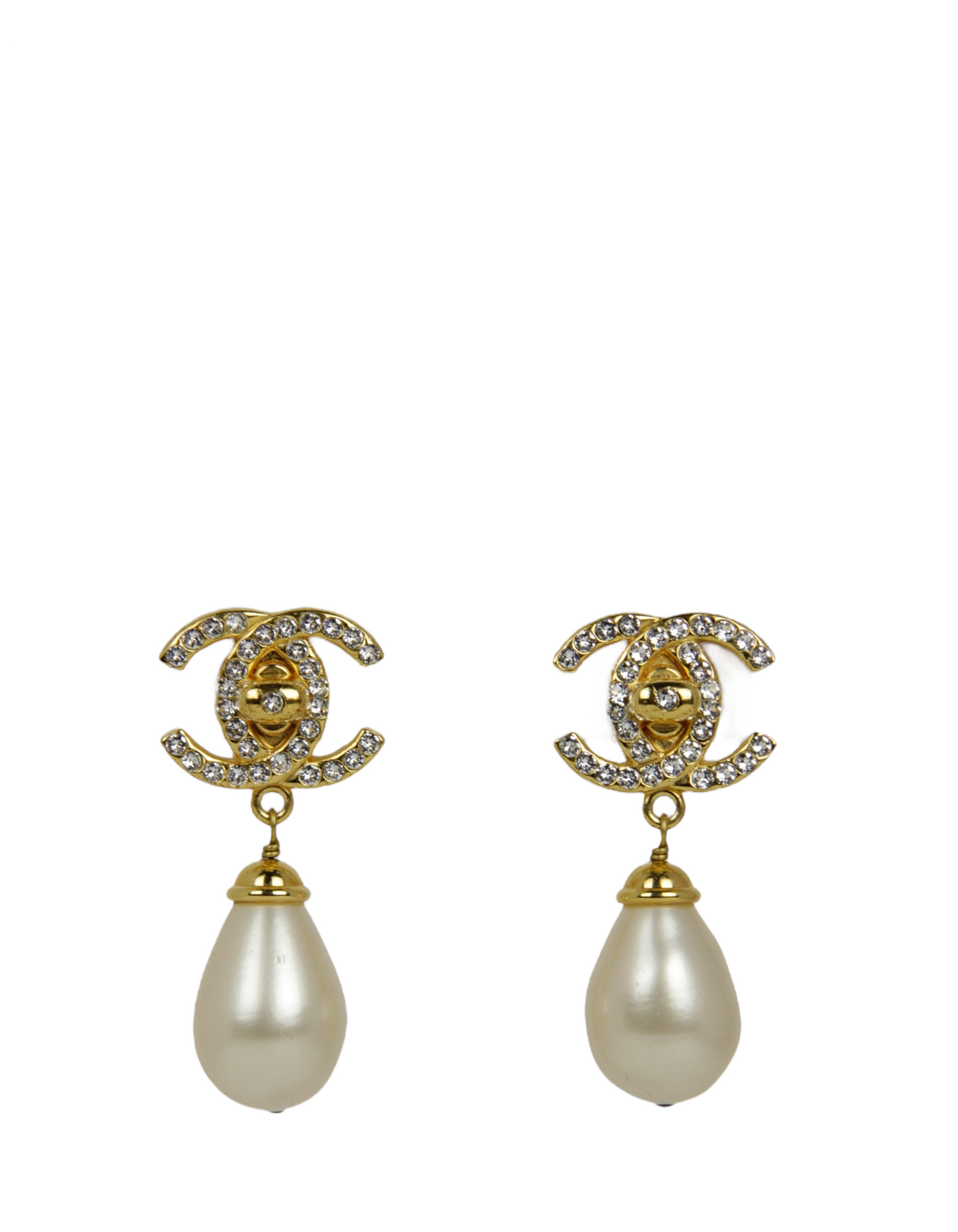 Chanel Crystal CC & Pearl Hanging Clip Earrings Jewelry