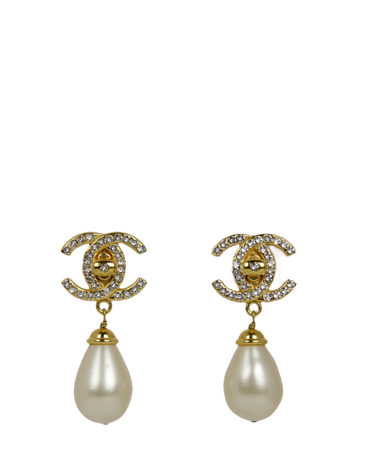 Chanel Crystal CC & Pearl Hanging Clip Earrings Jewelry