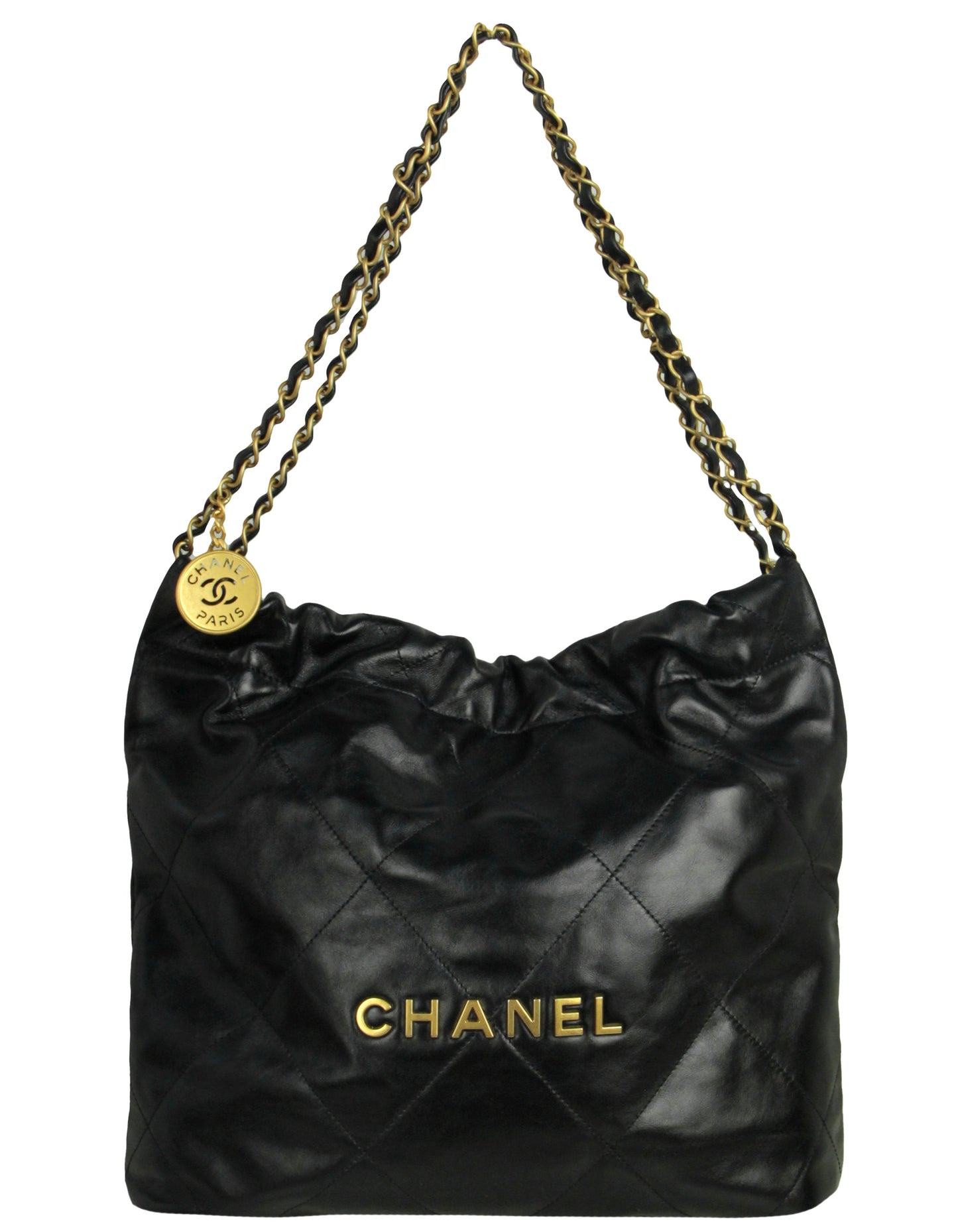 Chanel Black Shiny Calfskin Quilted Small 22 Tote Bag