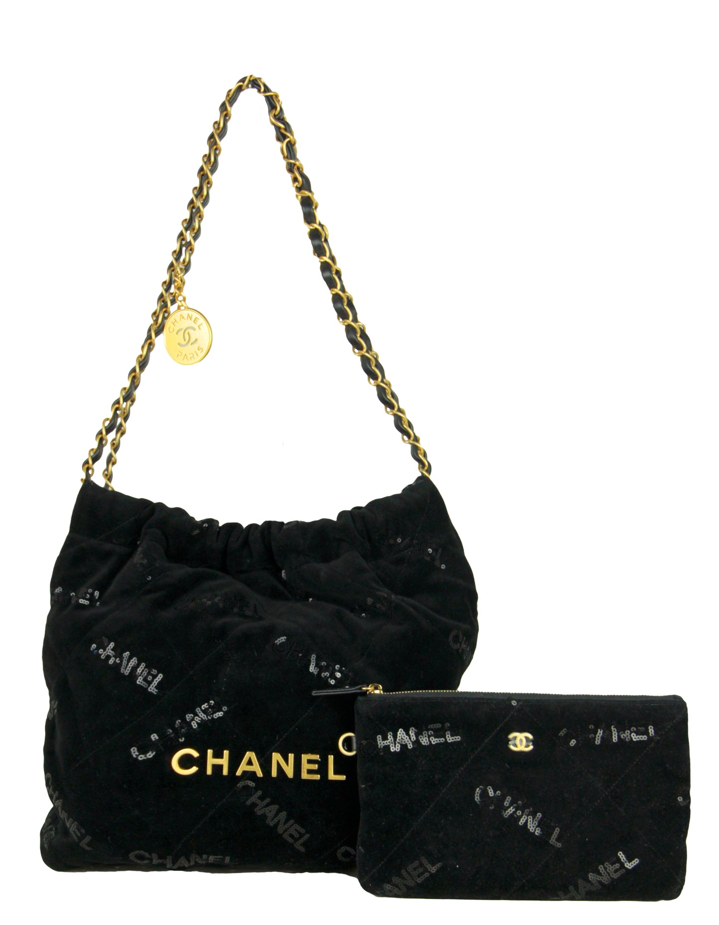 Chanel Black Velvet Sequins 22 Tote Bag