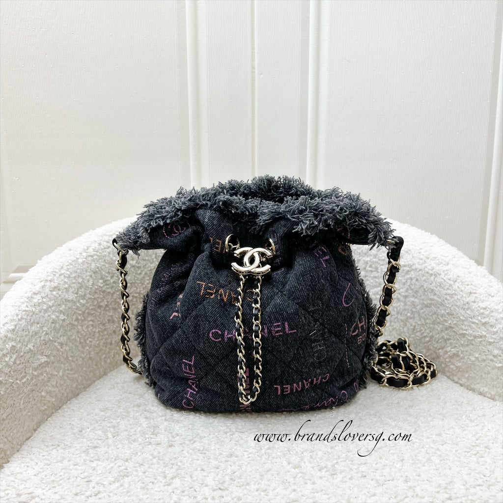 Chanel Denim Mood Mini Drawstring Bucket Bag in Black Printed Denim and LGHW