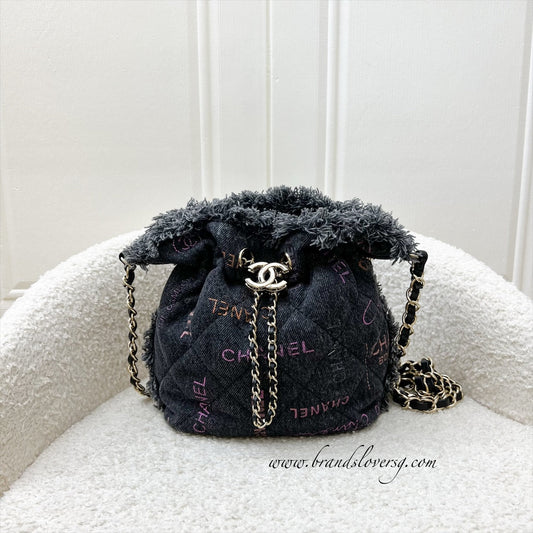 Chanel Denim Mood Mini Drawstring Bucket Bag in Black Printed Denim and LGHW