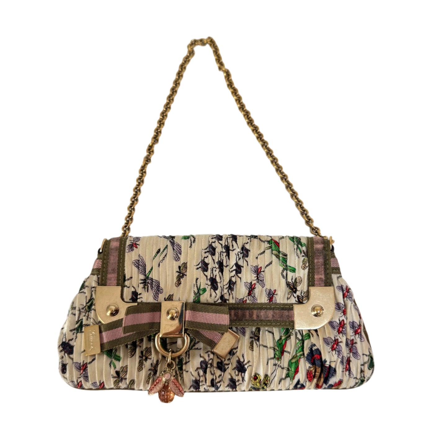 Gucci Padlock Silk Floral Bee Charm White Chain Shoulder Bag