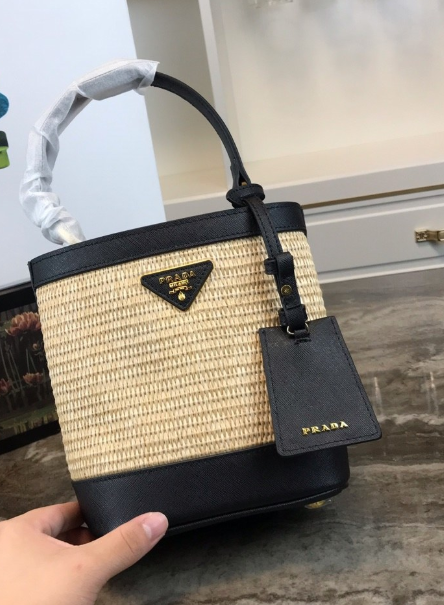 Prada Panier Straw Bag Black Medium Travel Bag