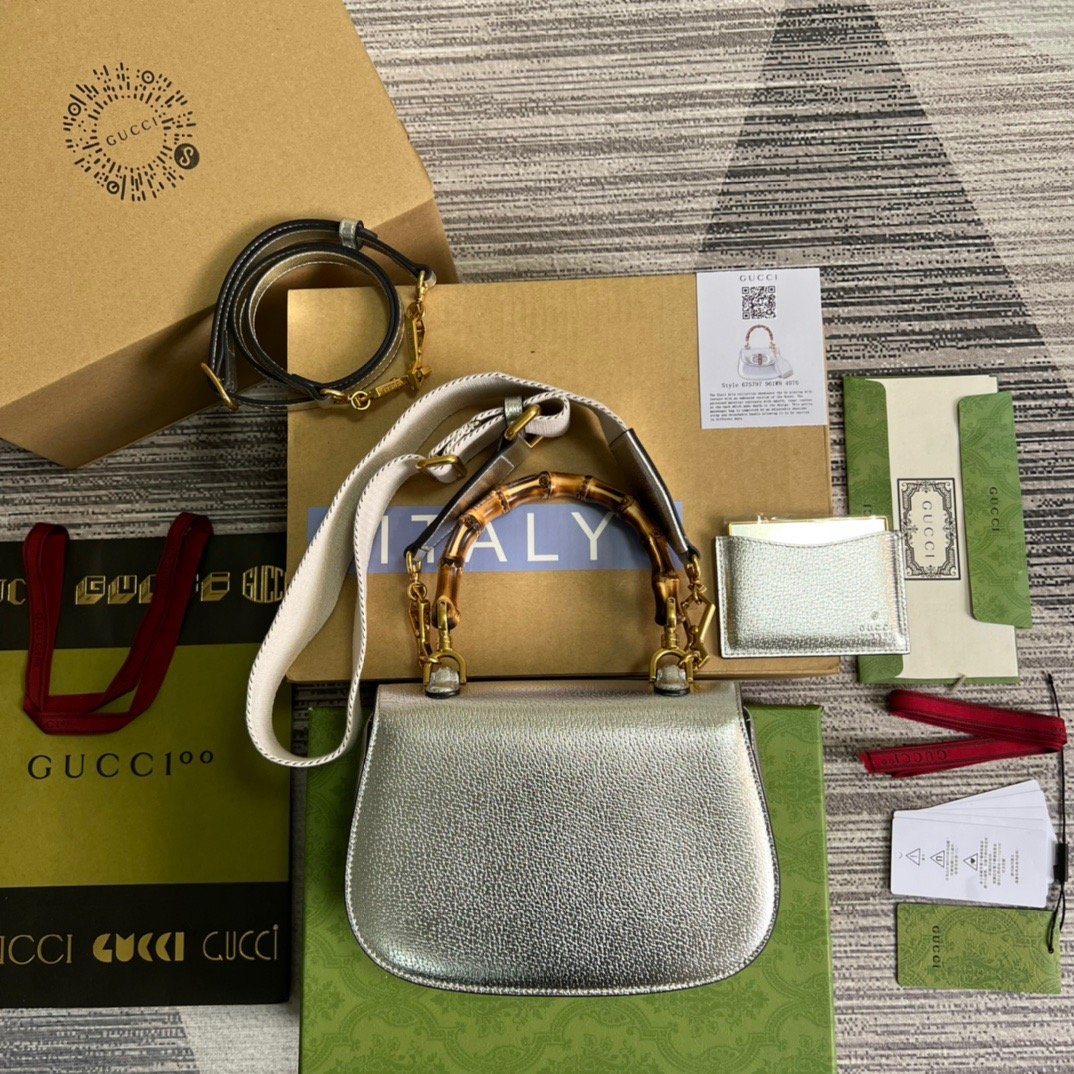 gg Bamboo , ’s 10in Silver Medium Top Handle Handbag