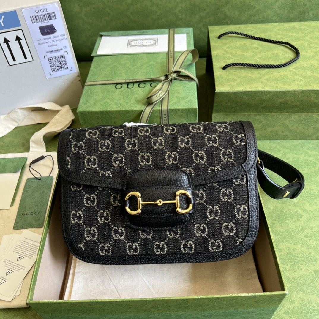 gg Horsebit Ivory gg Jacquard Denim Black Shoulder Bag