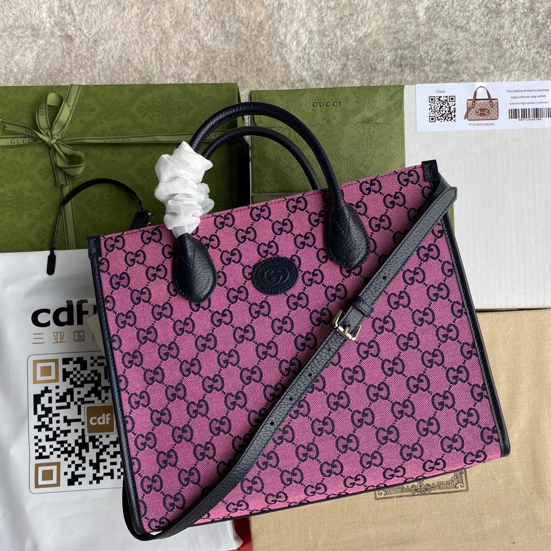 gg Interlocking G gg 12in Canvas Blue Pink Small Tote Bag