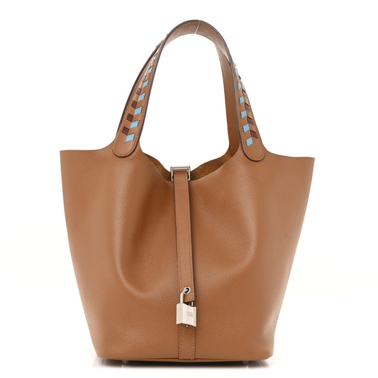 Hermes Epsom Tressage De Cuir Picotin Lock Bleu Du Gold Travel Bag
