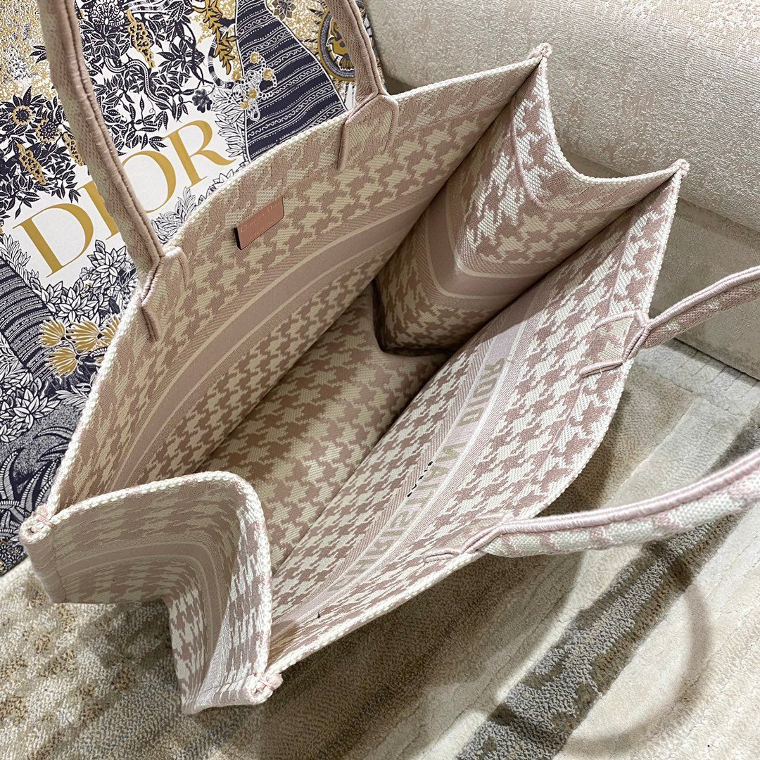 Book Pale Houndstooth Embroidery Cd Pink Large Book Tote Shoulder Bag