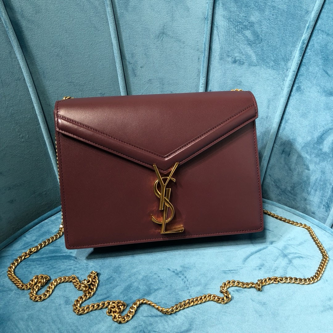 YSL Saint Laurent Cassandra Burgundy 8.7in 22cm Medium Chain Travel Bag