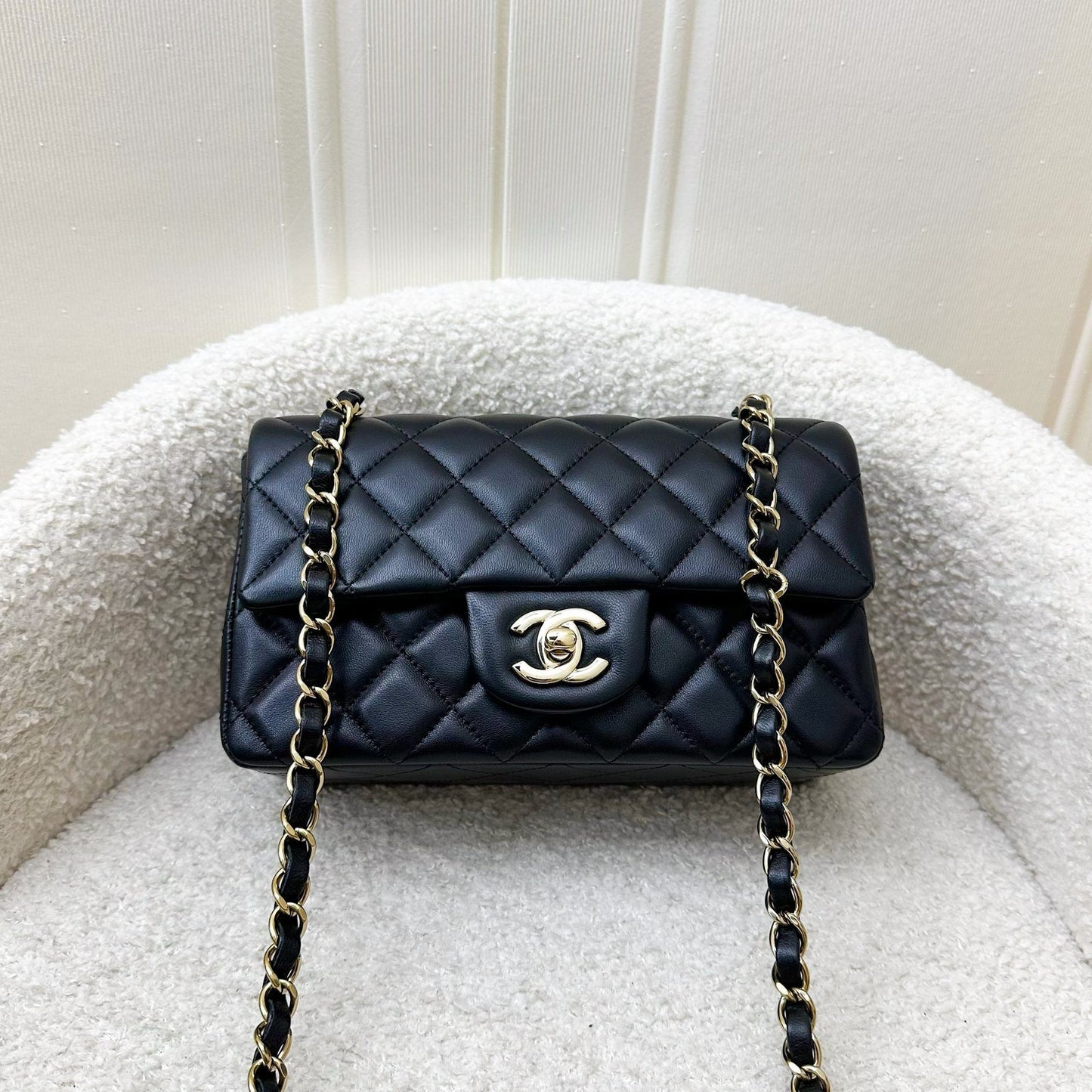 Chanel Classic Mini Rectangular Flap in Black Lambskin and LGHW Accessory